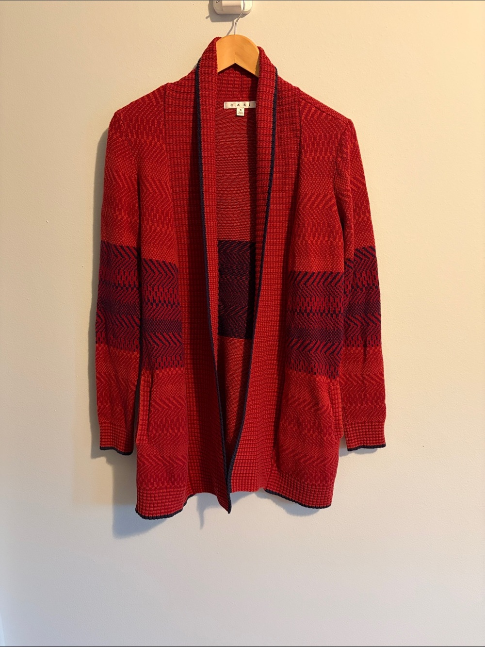 CAbi Red and Navy Open-Front Patterned Cardigan